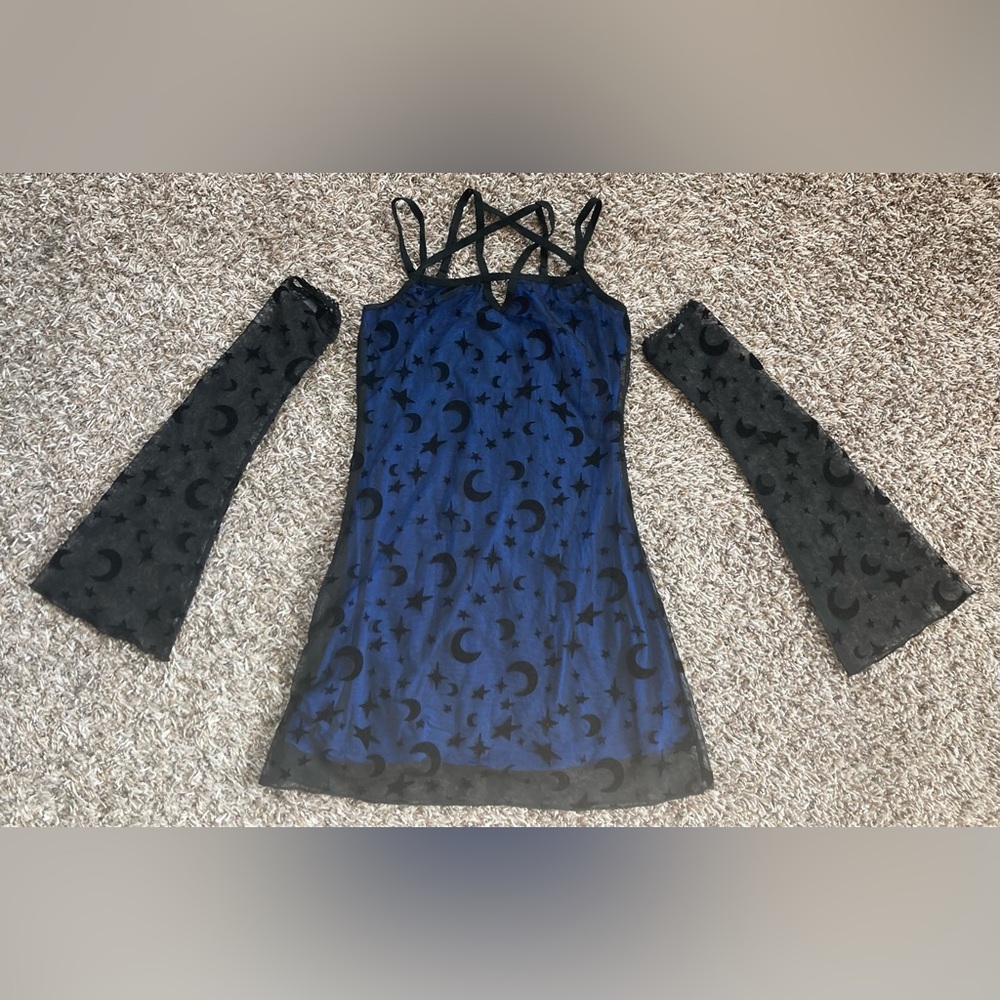 Dolls Kill The Graveyard Girls mini Dress W/ Sleeves Mesh Overlay Moon & Stars